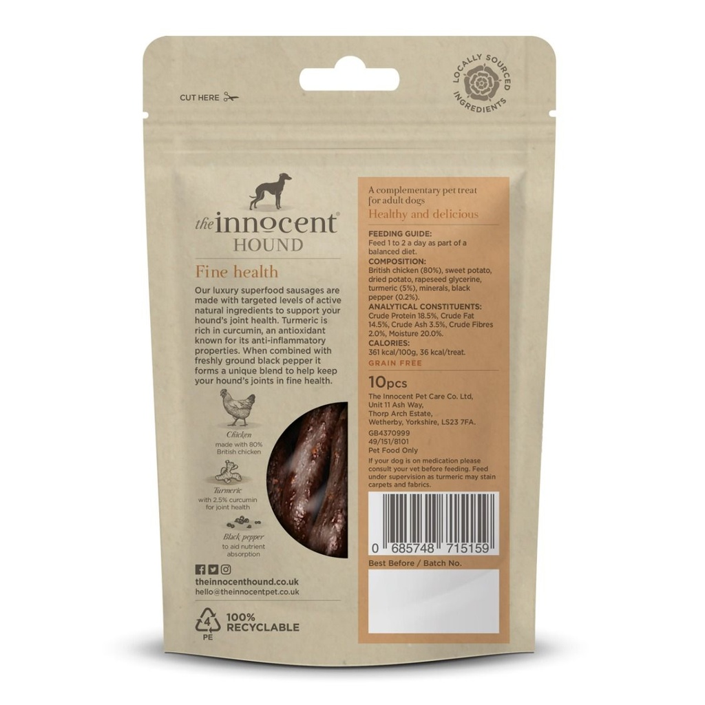 The Innocent Hound Joint Support British Chicken Turmeric & Pepper Dog Sausages 10pcs 