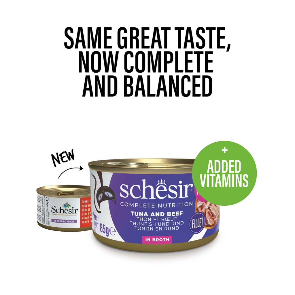 Schesir Complete & Balanced Nutrition Wet Cat Food in Broth Can- Tuna With Beef 85g 