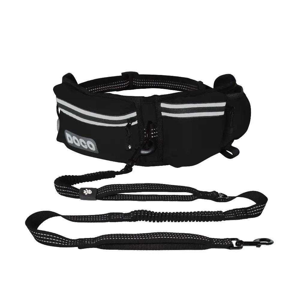 Doco Lite Reflective Jogging Belt With Reflective Bungee [Bag:2.5 x 76-107cm; Leash: 2.5 x 130-150cm]-Black