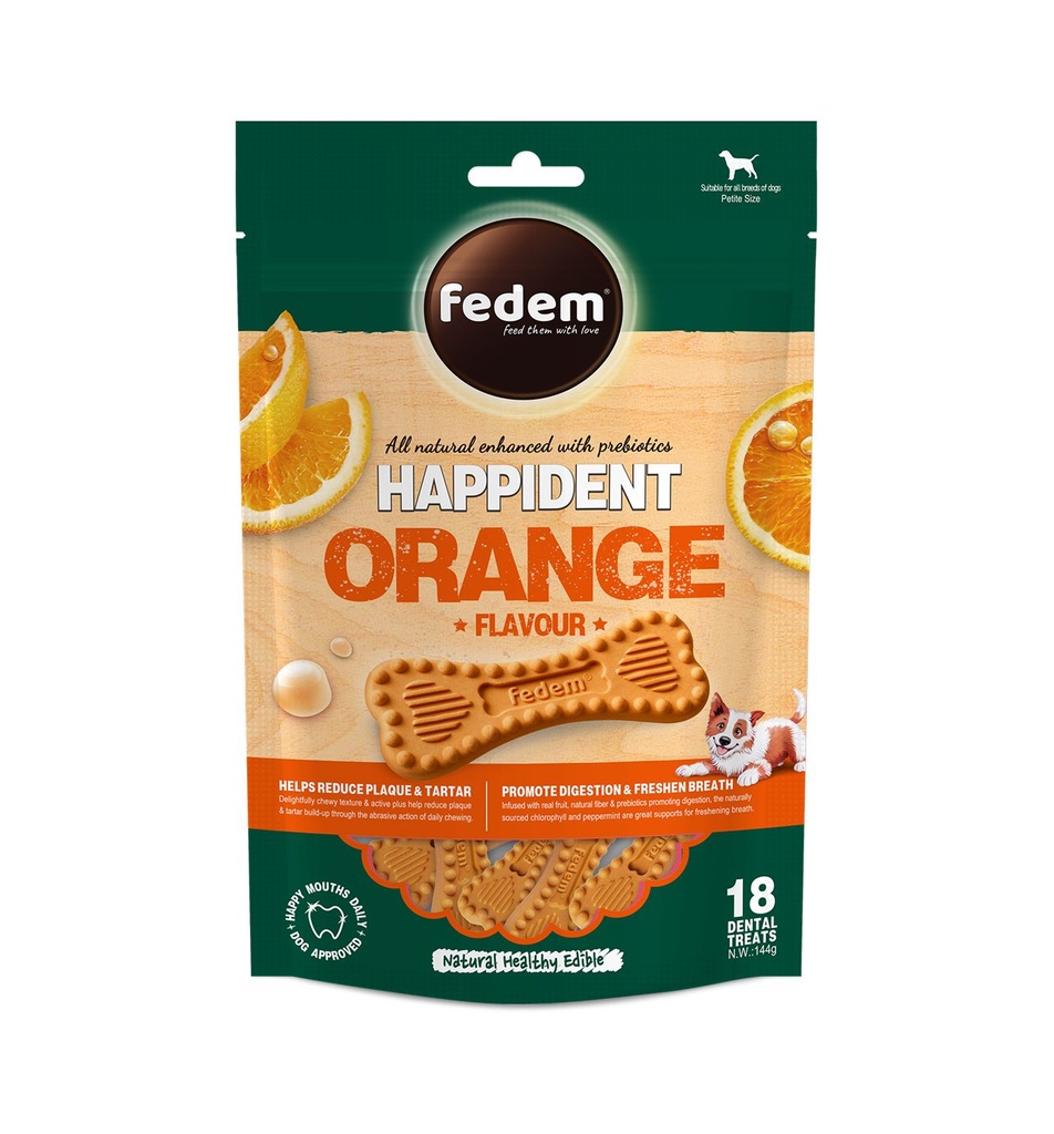 Fedem Happident Petite Dog Treats – Orange Flavour 144g(18pcs)