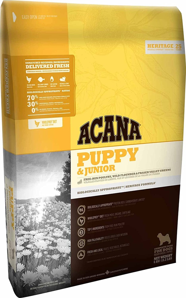 Acana Puppy & Junior Chicken & Flounder Medium Breed Dry Dog Food 6kg