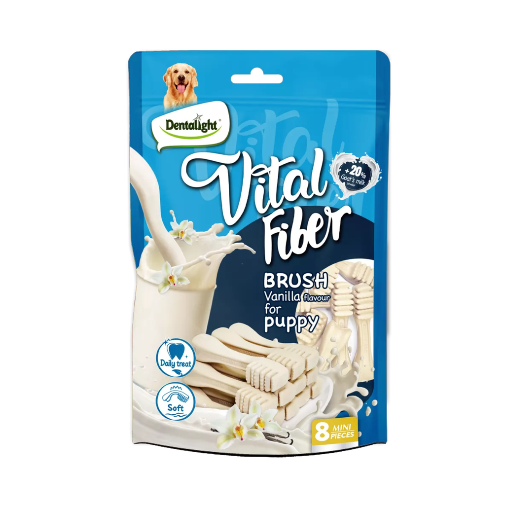Dentalight 2.7" Vital Fiber Brush Dog Snack - 8pcs With 20% goat's milk powder [Vanilla flavour]-80gm
