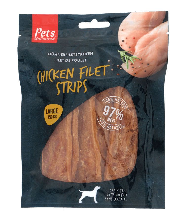 Pets Unlimited Chicken Filet Strips Large Dog Treats 150g 